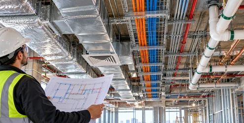 MEP engineer reviews coordinated HVAC ducts, electrical conduit, and plumbing pipes in an open ceiling.
