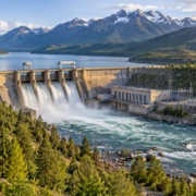 Dam releases water into a river from a reservoir beside an irrigation channel and forested watershed.