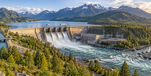 Dam releases water into a river from a reservoir beside an irrigation channel and forested watershed.
