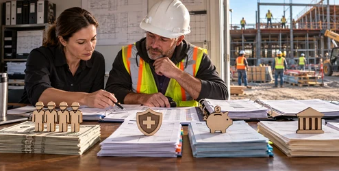 A payroll accountant and superintendent review base labor hours, benefits, insurance, and payroll records for a construction crew.