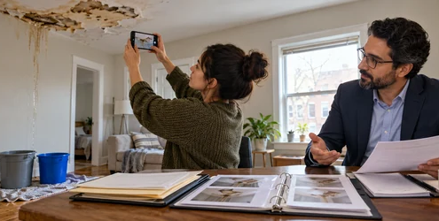 Tenant documents water damage in a rental apartment while reviewing records with a legal adviser.