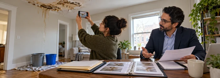Tenant documents water damage in a rental apartment while reviewing records with a legal adviser.