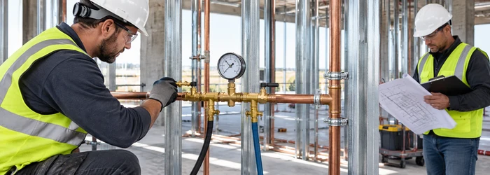A plumbing technician monitors a pressure gauge during a water pipe test before the walls are closed.