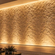 Modern stone feature wall evenly illuminated by concealed linear wall washer lights, with a lighting designer inspecting the effect.