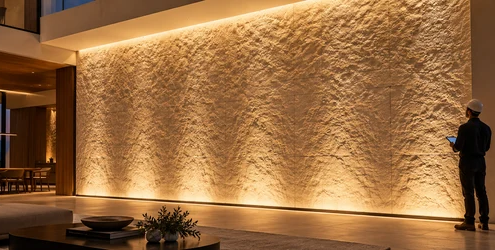 Modern stone feature wall evenly illuminated by concealed linear wall washer lights, with a lighting designer inspecting the effect.