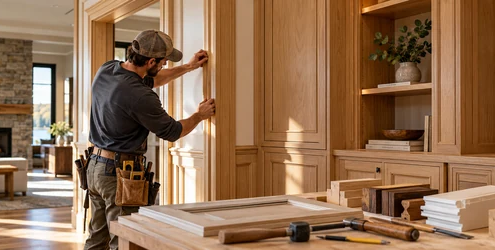 Finish carpenter installs custom millwork and wood trim in a nearly completed home.