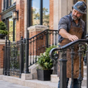 Craftsperson and engineer inspect a detailed wrought iron stair railing fitted to a brick building.