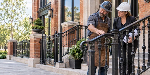 Craftsperson and engineer inspect a detailed wrought iron stair railing fitted to a brick building.