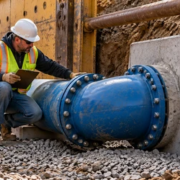 A civil engineer inspects a concrete thrust block bearing against a pipe elbow in a shored trench before backfill.