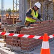 Bricklayer works inside a barricaded masonry limited-access zone on a construction site.