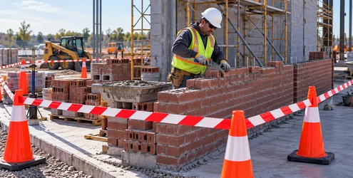 Bricklayer works inside a barricaded masonry limited-access zone on a construction site.