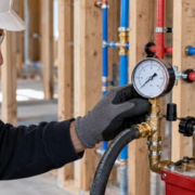 Plumber checking an analog pressure gauge on a test pump connected to red and blue water lines before walls close.