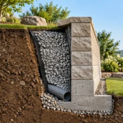 Cross-section of a soil-retaining bulkhead showing a drainage layer and perforated pipe behind the wall.