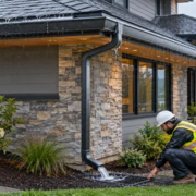 A gutter downspout leader carries roof runoff to a ground drain while a worker checks the outlet.