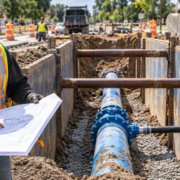 A utility engineer and contractor verify a water-service tie-in location on drawings beside a protected trench.