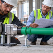 A plumber joins green PPR water pipes with a fusion tool while a supervisor checks the installation drawing.