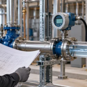 A plumbing engineer inspects smooth water flow through a transparent pipe section while monitoring a flow meter and pressure gauge.