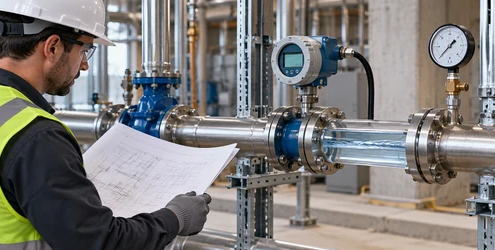 A plumbing engineer inspects smooth water flow through a transparent pipe section while monitoring a flow meter and pressure gauge.