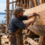 Shipwright fastens timber planks to a wooden boat hull during ship construction.