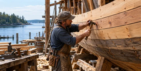 Shipwright fastens timber planks to a wooden boat hull during ship construction.