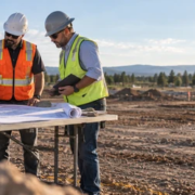 Construction team reviewing plans at a site before groundbreaking