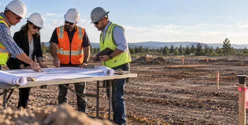 Construction team reviewing plans at a site before groundbreaking