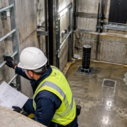 An elevator engineer inspects the fixed lift-pit ladder attachment and access point from a protected landing, with rails and buffers visible.