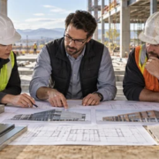 A design engineer, estimator, and builder compare structural and mechanical options on plans and material samples during a value-engineering review.