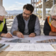 A design engineer, estimator, and builder compare structural and mechanical options on plans and material samples during a value-engineering review.