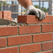 Mason laying red bricks in a running bond pattern with staggered vertical joints