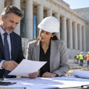 A contractor and project owner review a bond document and contract plans at an active public building project.