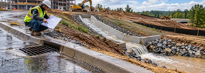 A site engineer traces runoff from a grated drain through a graded channel to a protected outlet at a construction site.