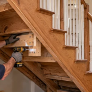 A carpenter reinforces a timber tread-to-stringer connection beneath a wooden stair while an inspector checks for movement.