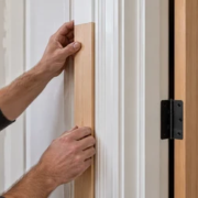 Carpenter fits a wood jamb extension to align a door frame with the finished wall.