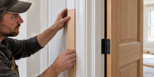Carpenter fits a wood jamb extension to align a door frame with the finished wall.