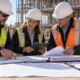 A contractor, architect, and owner representative verify construction progress documents and the schedule of values before billing.