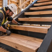 A carpenter checks the fit and depth of a broad wood stair tread on steel stringers while an engineer reviews the landing connection.