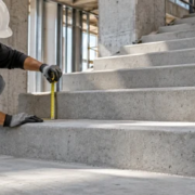 Construction worker measuring a concrete stair riser with a tape measure