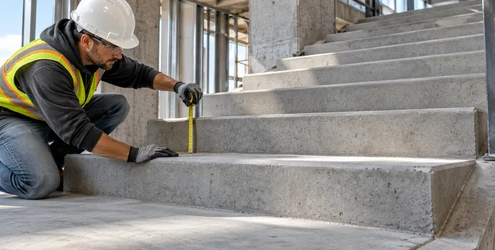 Construction worker measuring a concrete stair riser with a tape measure