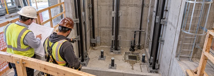 An engineer and elevator installer review guide rails, buffers, drainage, and ladder access inside a protected elevator pit.