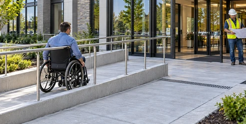 A wheelchair user approaches a public entrance along a guarded ramp with a level landing as engineers review the door transition.