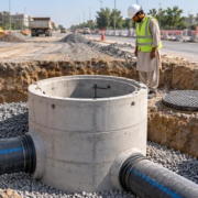 Precast concrete manhole shaft installed in a road excavation, with connected drainage pipes and a worker checking the utility connection.
