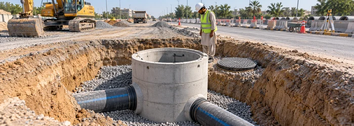 Precast concrete manhole shaft installed in a road excavation, with connected drainage pipes and a worker checking the utility connection.