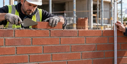 A mason and supervisor inspect a brick running bond wall with each course offset by one third of a brick length.