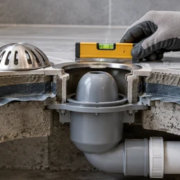 Bell trap floor drain installed in sloped tile, with waterproofing membrane and waste pipe visible in section.