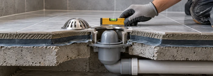 Bell trap floor drain installed in sloped tile, with waterproofing membrane and waste pipe visible in section.