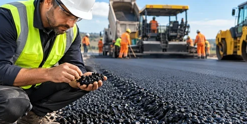Road engineer inspects a dark asphalt sample beside a freshly paved roadway and roller.