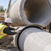 Engineer checking the rubber gasket joint as reinforced concrete storm drainage pipe is lowered into a shored construction trench.