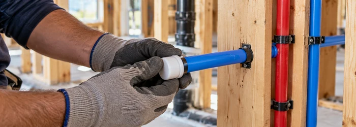 Plumber fitting an end cap onto a blue PEX water line to protect it during construction.