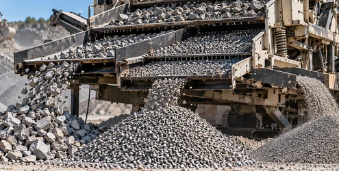 Portable vibrating screen sorts construction aggregate into separate size piles for material selection.